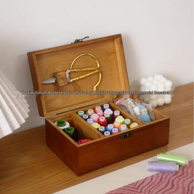 Wooden Sewing Tool Organizer Box: Solid Wood Needle & Thread Box with Scissors Pouch for Desktop Storage.