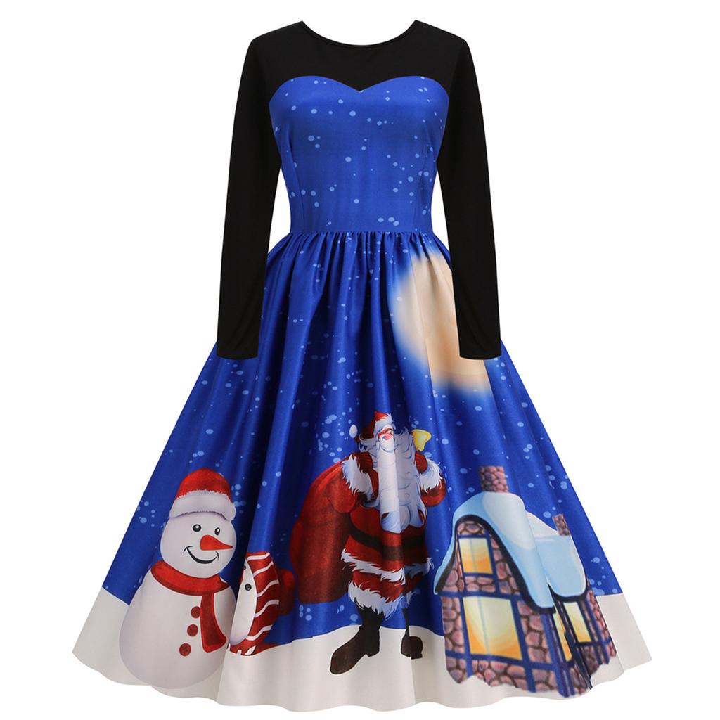 Vintage 1950s Christmas Dress for Women Retro Santa Print Long Sleeve Party Dresses for Women 2024