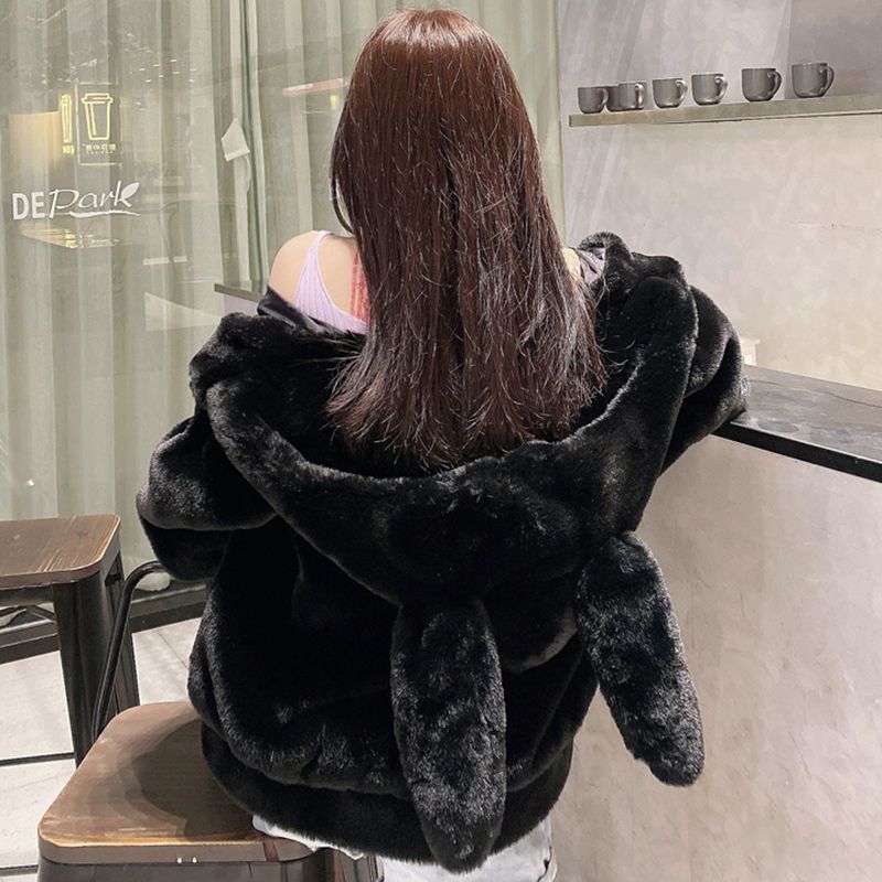 Winter New Imitation Rex Rabbit Fur Thickened Plush Coat Female Cute Ears Hooded Milk Huhu Age Reduction