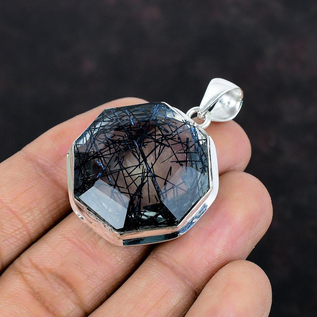 Faceted Black Rutile Pendant 925 Sterling Silver Pendant Handmade Pendant Top Quality Gemstone Jewelry Anniversary Gifts Statement Pendants
