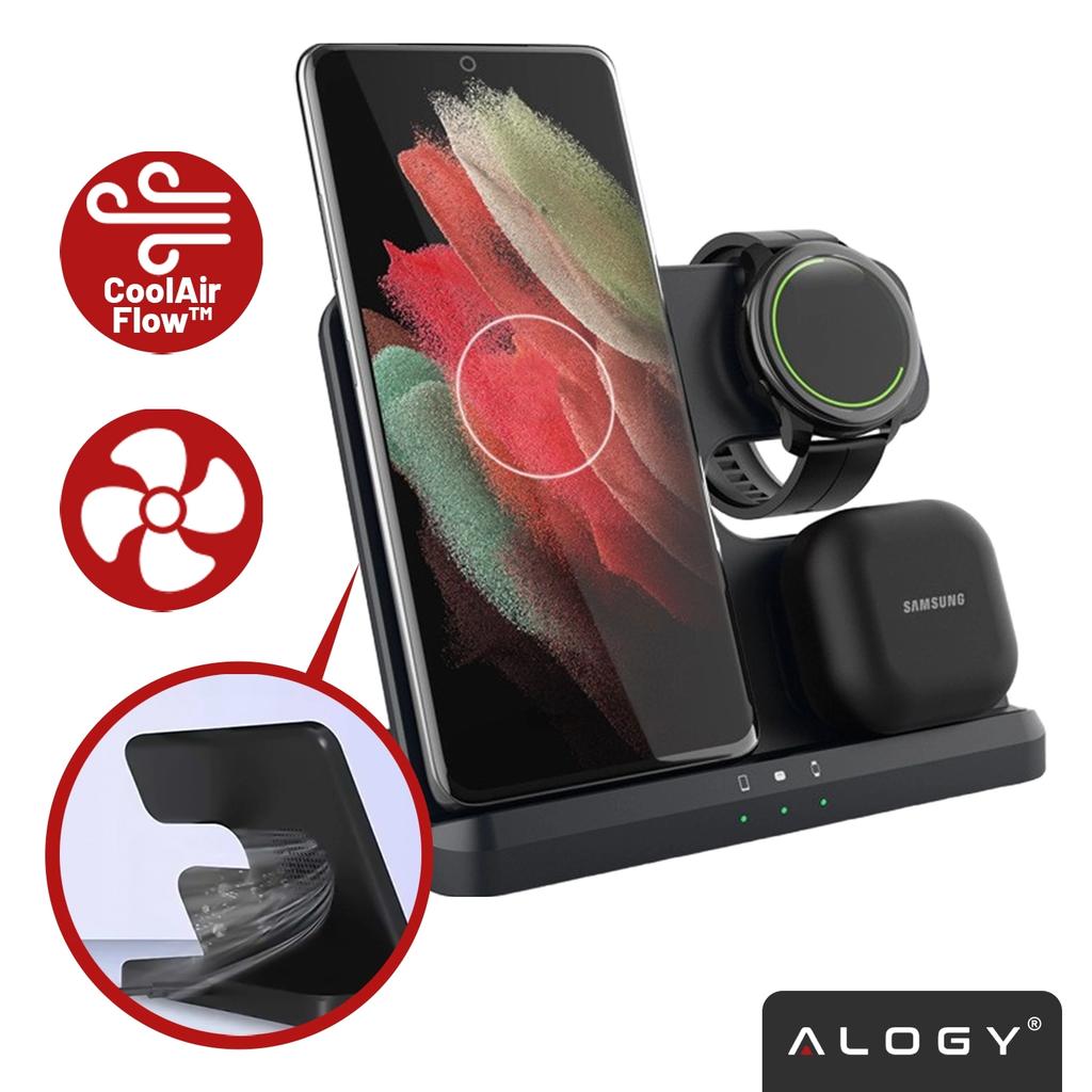 Kabelloses Induktionsladegerät 3-in-1 Qi 3.0 Schnell für Samsung S22 S23 S24 S25 Galaxy Watch Buds Station Schwarz