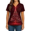 Women's Christmas Print V-Neck Double Pocket Short Sleeves Hem Slit  Uniform And Caregiver Top