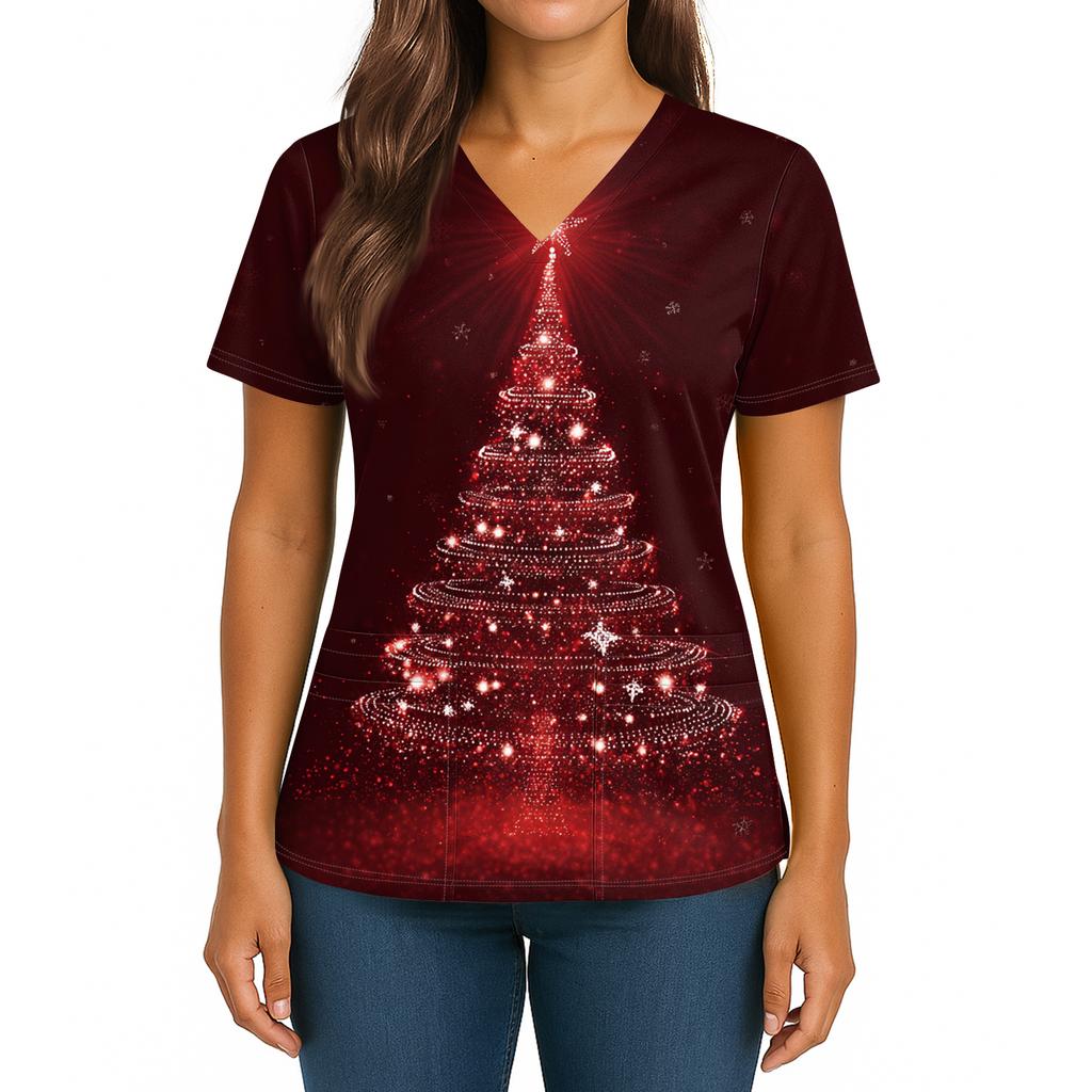 Women's Christmas Print V-Neck Double Pocket Short Sleeves Hem Slit  Uniform And Caregiver Top