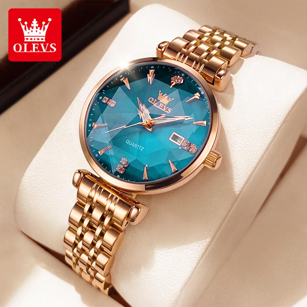 OLEVS Original Quartz Watch for Women Fashion Rhombus Mirror Elegant Rose Gold Steel Strap Waterproof Women's Dress Wristwatches