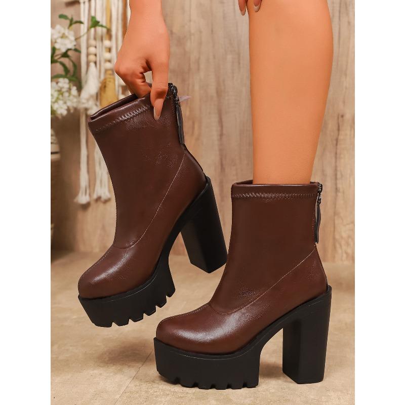 Women's Autumn-Winter Chunky-Heel Back-Zip Short Boots, Fashionable Footwear.