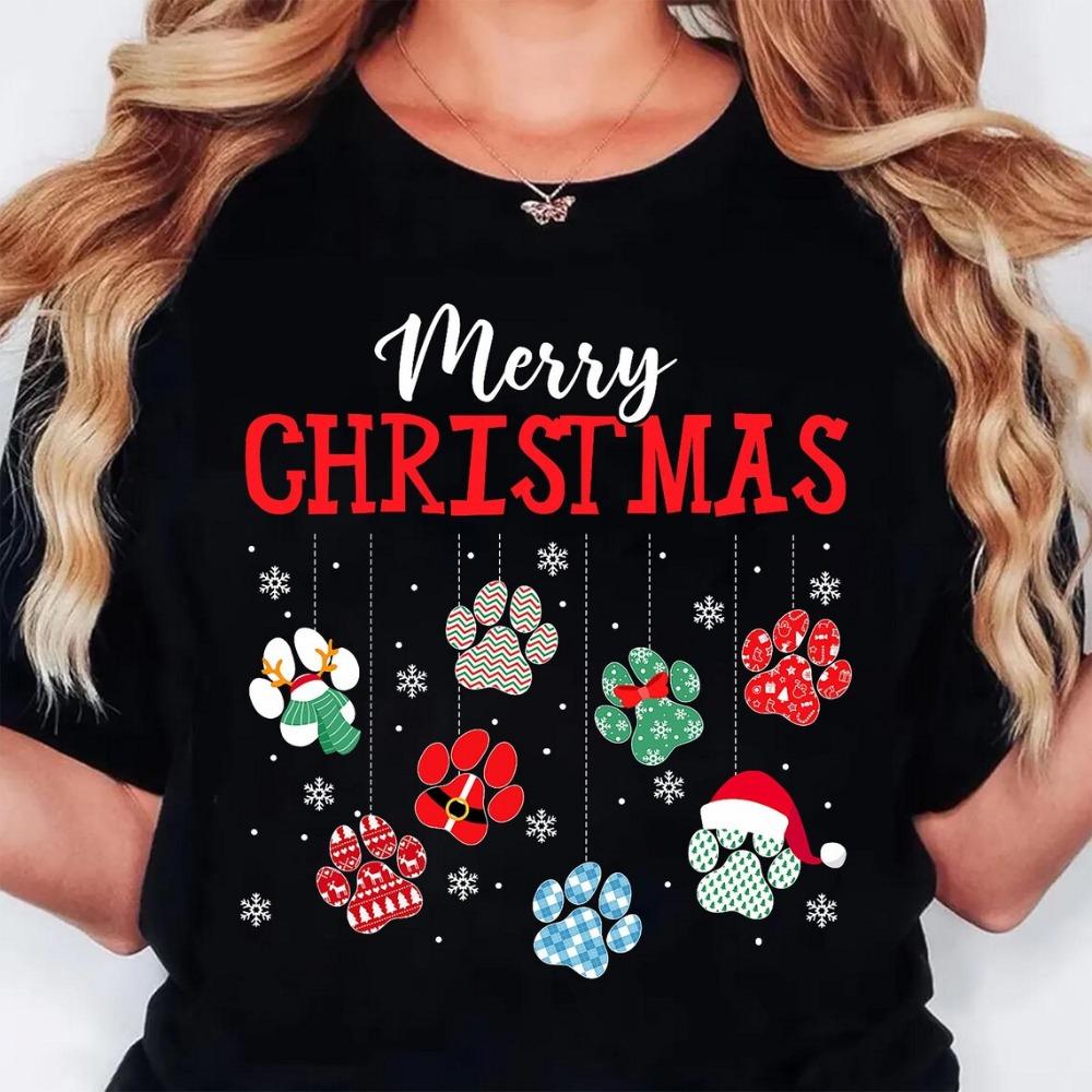 Dog Paw Print Christmas T-shirt for Women, Kawaii Cartoon Y2k T-shirt, Streetwear, Harajuku Round Neck T-shirt, Women's Clothing