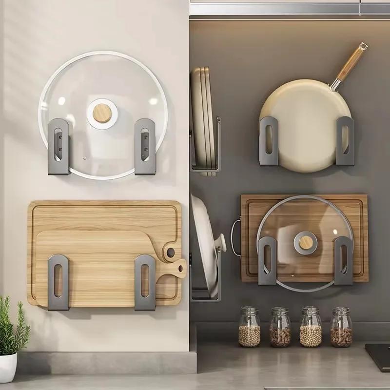 2pcs Pot Lid Rack Pot Cover Cutting Board Holder Sponge Storage Shelf Kitchen Bathroom Wall Mounted Organizer Rack Accessories