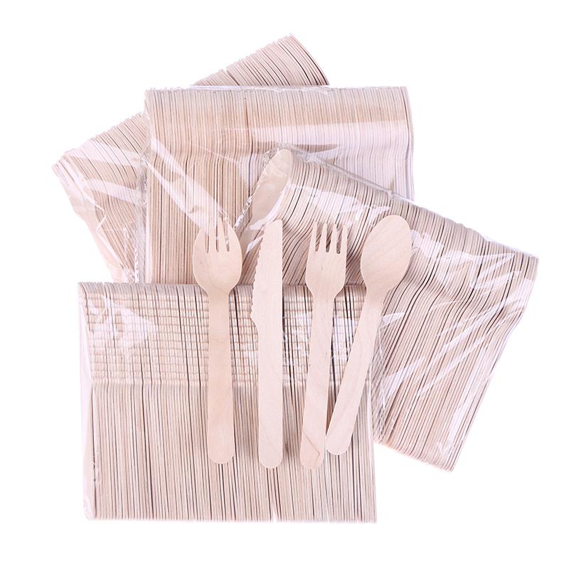 100 Pcs Disposable Wooden Cutlery Forks/Spoons/Cutters Knife Party Supplies Kitchen Utensil Dessert Tableware Packing Set