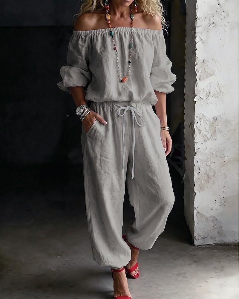 Womens Off Shoulder Long Sleeve Top Drawstring Waist Tapered Pants Two Piece Casual Outfit