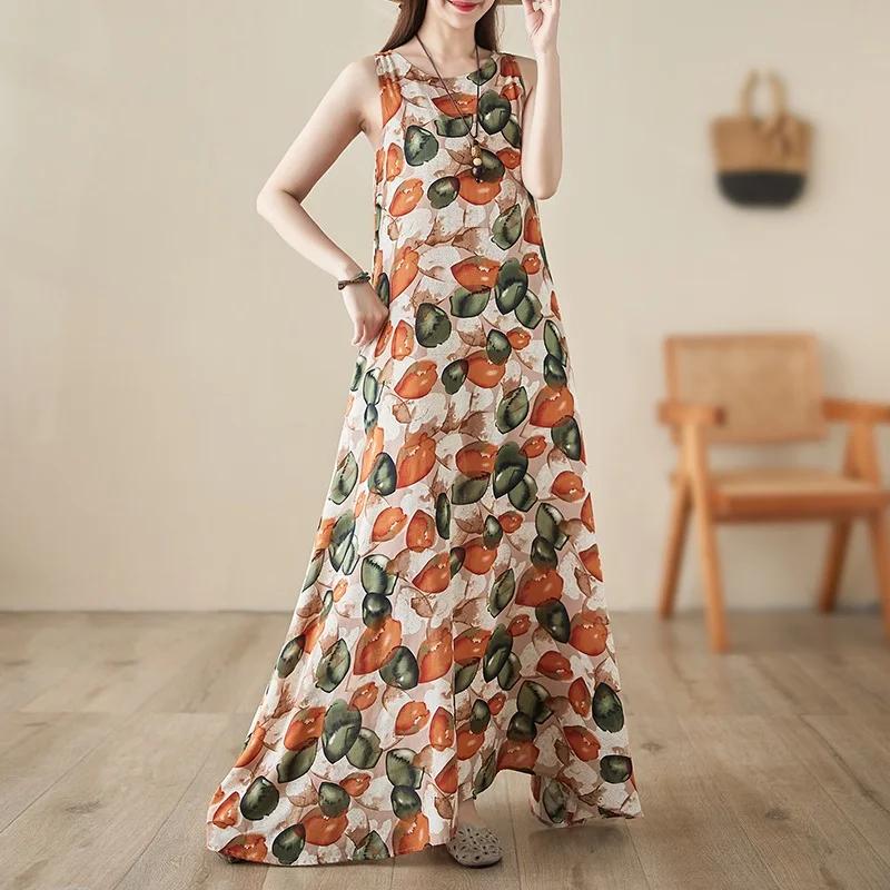Sleeveless Cotton Vintage Floral New Dresses for Women Casual Loose Long Summer