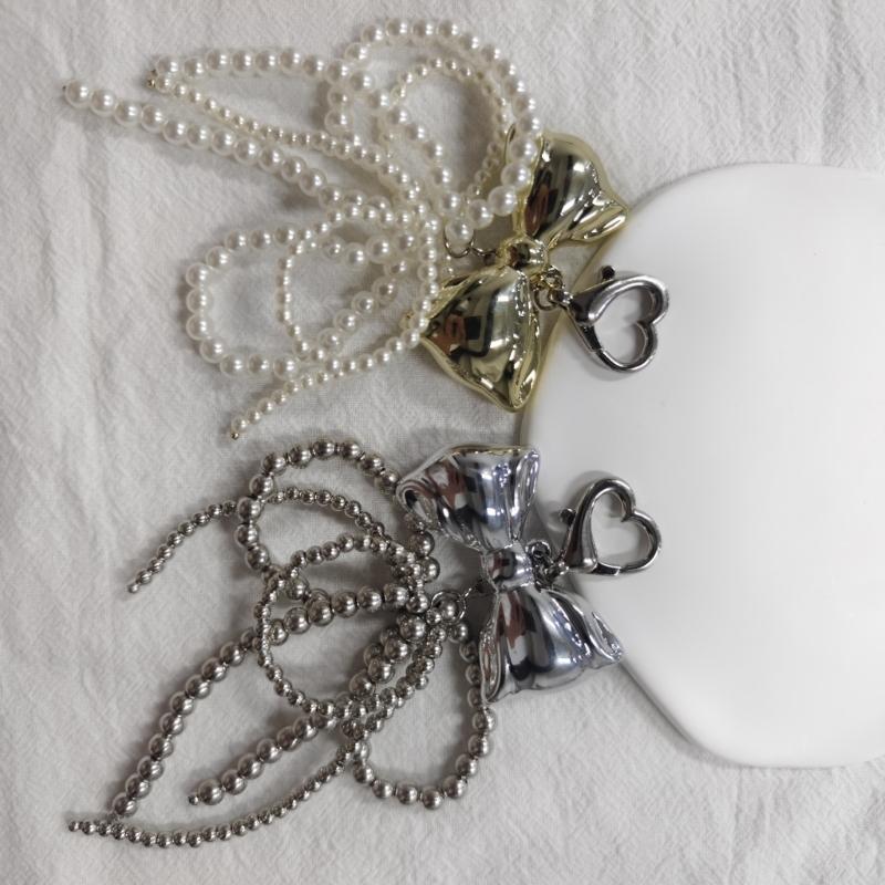 Imitation Pearl Bowknot Keychain Pendant Women Backpack Handbag Charm Lovely Heart Hanging Decoration Bag Phone Pendant