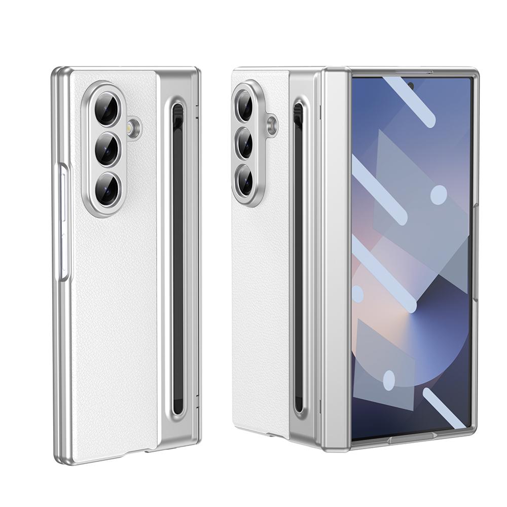 Plating Leather Hinge Case For Samsung Galaxy Z Fold 7 6 5 With Screen Glass Film All Inclusive Pen Slot Fold7 Protective Cover