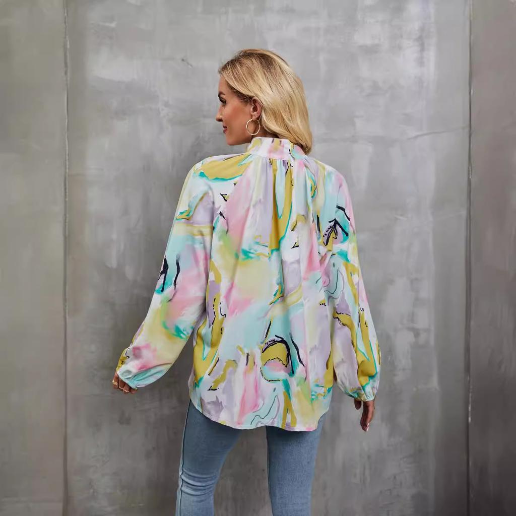 Camisa com estampa floral para mulheres, gola alta, manga comprida, camisa com botões, casual, moda outono, saia solta, respirável, leve e confortável