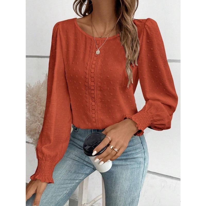 Elegante Dames Ronde Hals Kant Blouse Nieuw Lange Mouw Kantoor Casual Shirt Effen Kleur Tops Lange Mouw Lente Herfst Eenvoudige Zoete Kleding