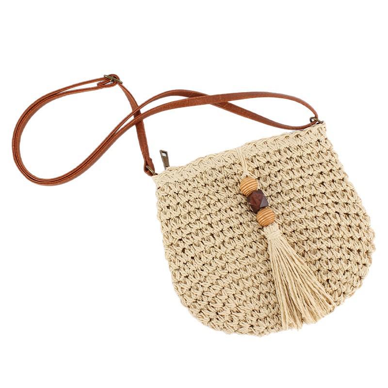 Handmade Straw Woven Crossbody Bag with Tassels & Wooden Beads – Perfect for Beach Vacations & Versatile for Women