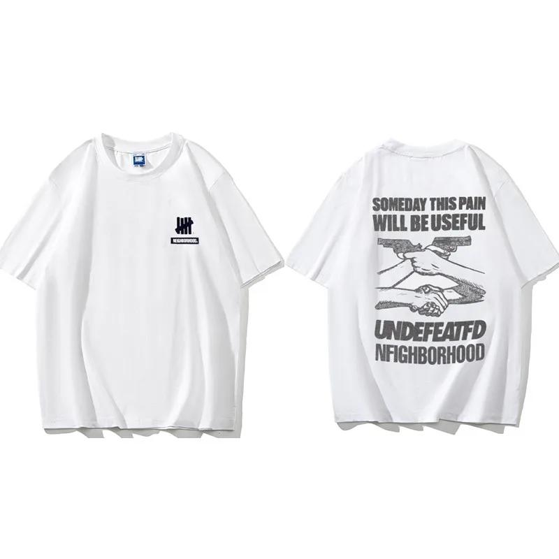 Trendy Brand Unbeaten Five Bar New Loose Short Sleeved Pure Cotton American High Street Round Neck Couple T-shirt Men's Ins