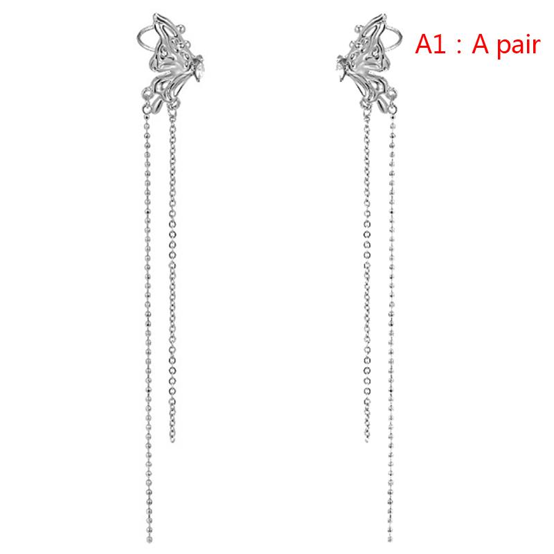 Korean Elegant Elf Butterfly Clip Earrings For Women Girls  Long Tassel No Piercing Ear Cuff Jewelry Gifts