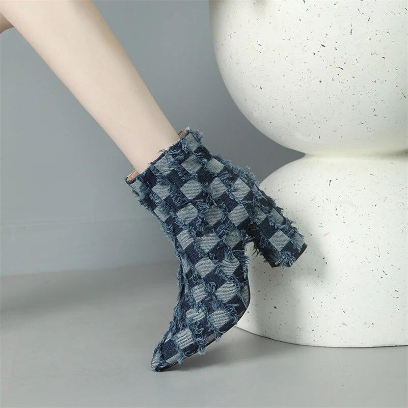 ANNYMOLI Women Ankle Boots Pointed Toe Thick High Heels Zipper Mixed Colors Short Boot Ladies Fashion Shoes Winter Black Blue 43