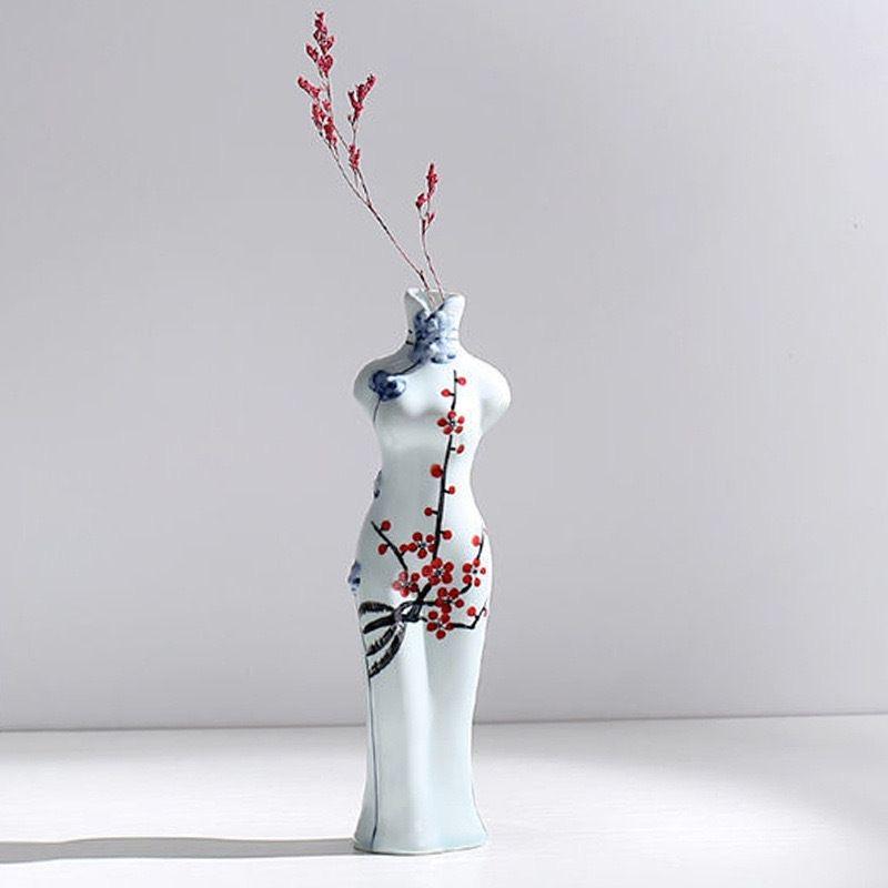 Handmade Hand-Painted Ceramic Qipao Vase – Chinese Style Home Decor Ornament