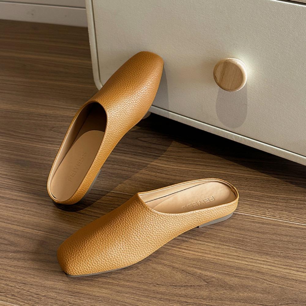 Genuine Leather Slippers Women's Summer Outer Wear Flat Bottomed Casual Muller Bag Head Half Slippers Mules Women's Flat Shoes