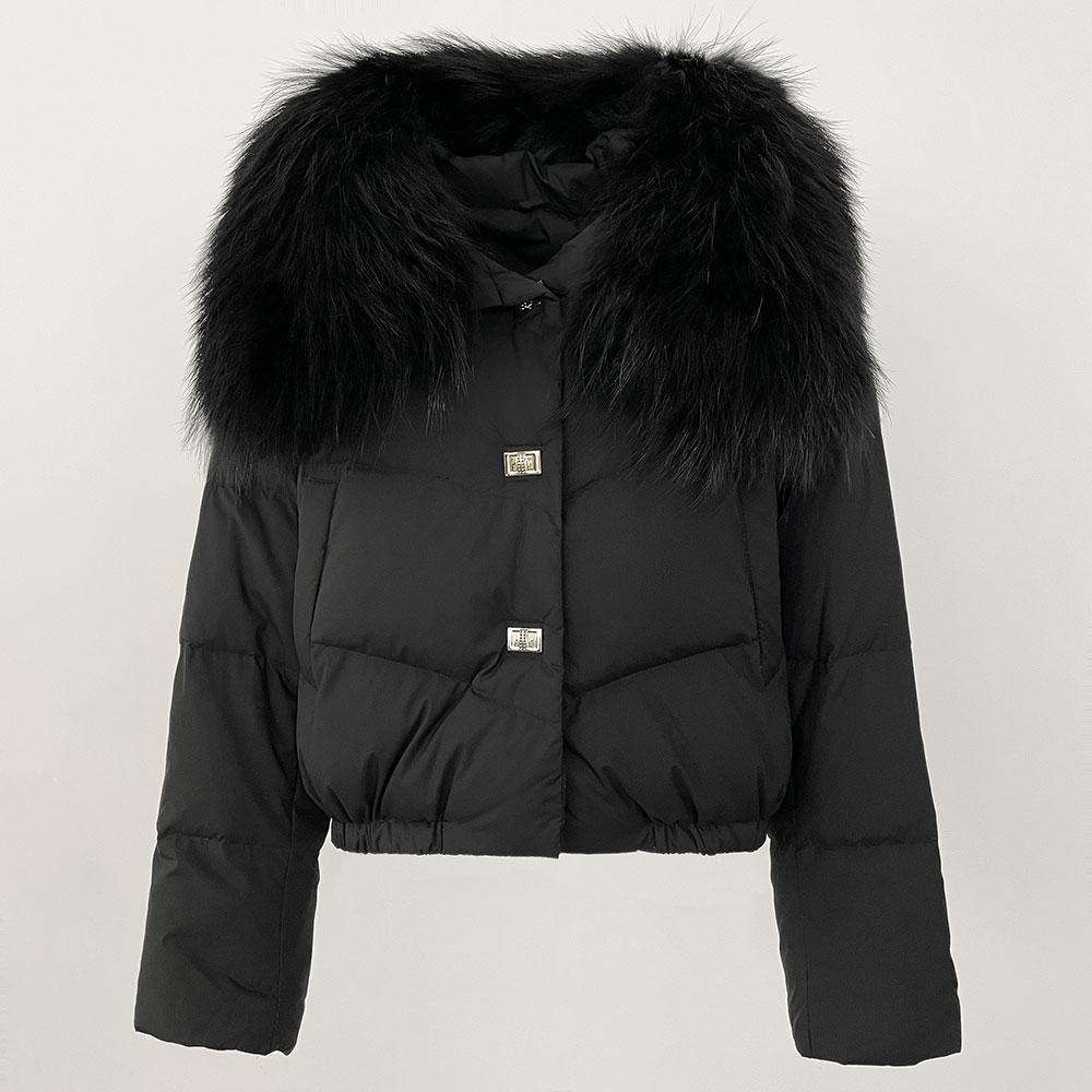 OFTBUY Geacă de Iarnă Femei Guler Mare din Blană Naturală de Raton Real, Gros, Cald, Puf de Rață, Scurt, Îmbrăcăminte Exterioară, Streetwear, Larg, Casual