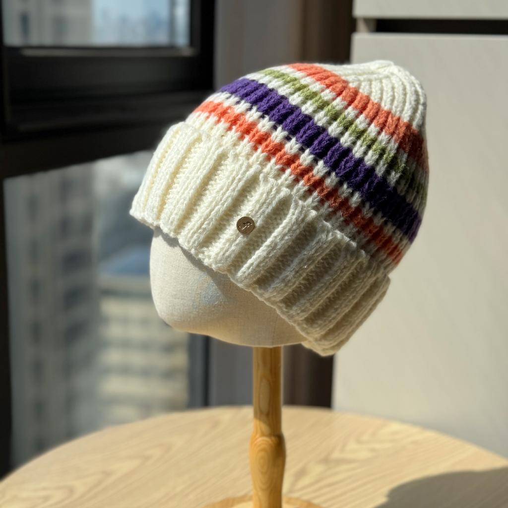 Color Block Striped Woolen Hat for Women Warm and Ear Protecting Street Versatile Winter Knitted Hat for Women Trendy