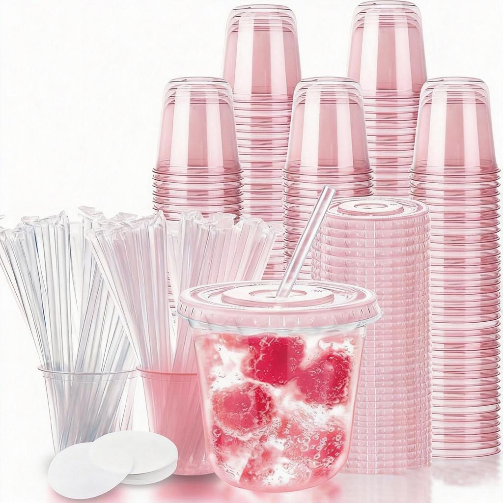 100 Pack 16 oz Plastic Cups, Disposable Iced Coffee Cups with Lids and Straws, Smoothies Milkshakes Juice, Sturdy Crystal Clear, Home Office Party