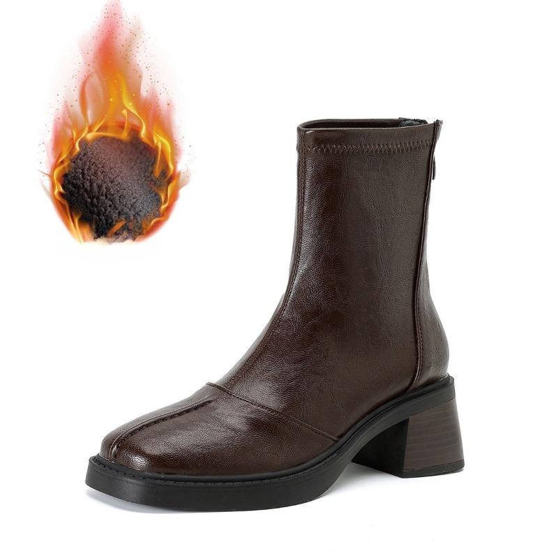 High-heeled Short Boots for Women in Autumn and Winter: Thick-heeled Short-toed Square-toed Shoes with Fleece Boots