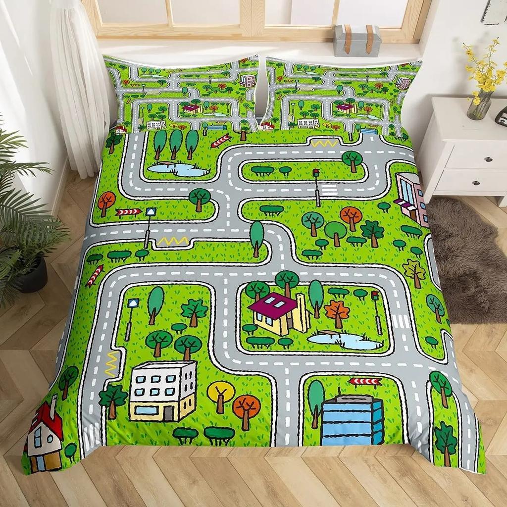 Kids Cartoon Car Duvet Cover Set City Building Street Road Bedding Set Microfiber Vehicle Truck Comforter Cover Twin Queen Size