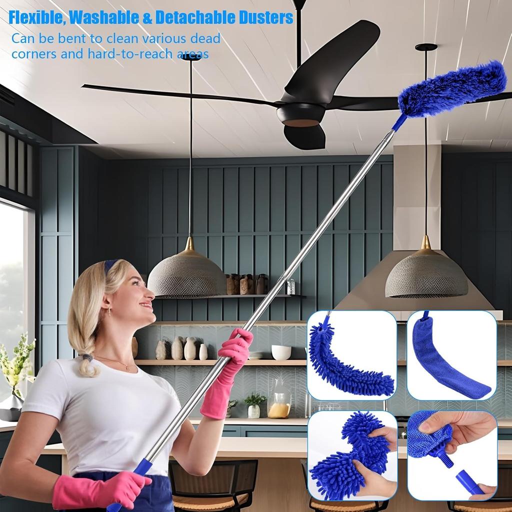 Feather Duster,7 PCS Extendable Duster with Extension Pole Up to 100 Inch, Reusable Bendable Cobweb, Washable Long Duster