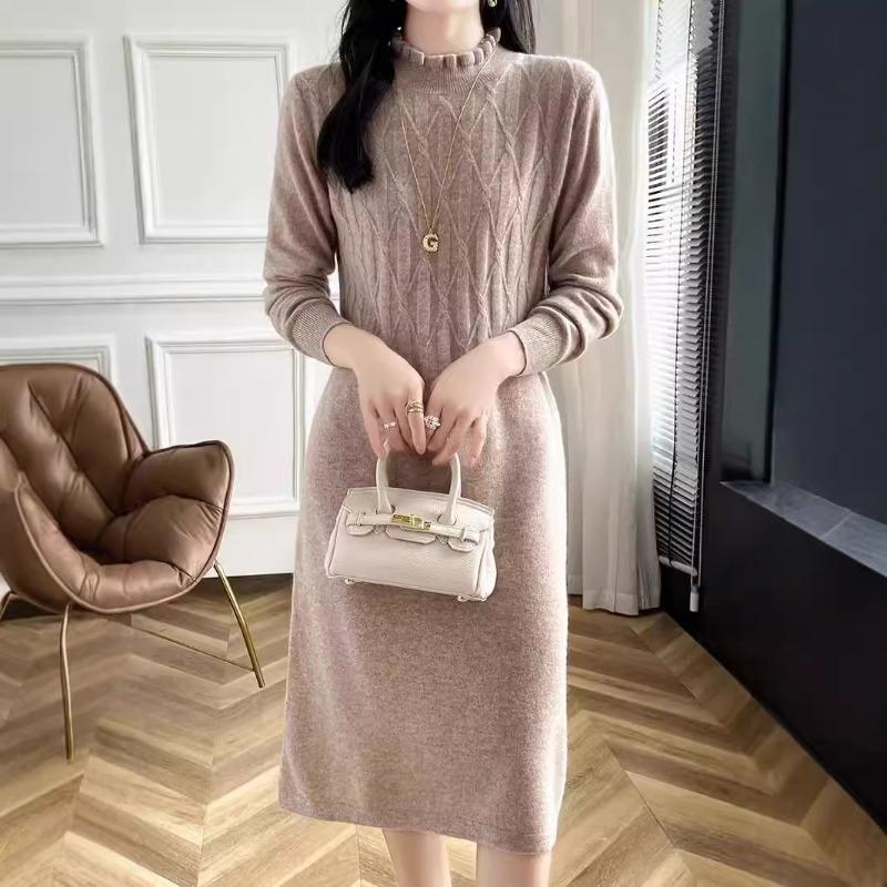 Autumn and Winter New Knitted Dress Temperament Fungus Collar Women with Coat Thin Inner with Medium and Long Sweater Women