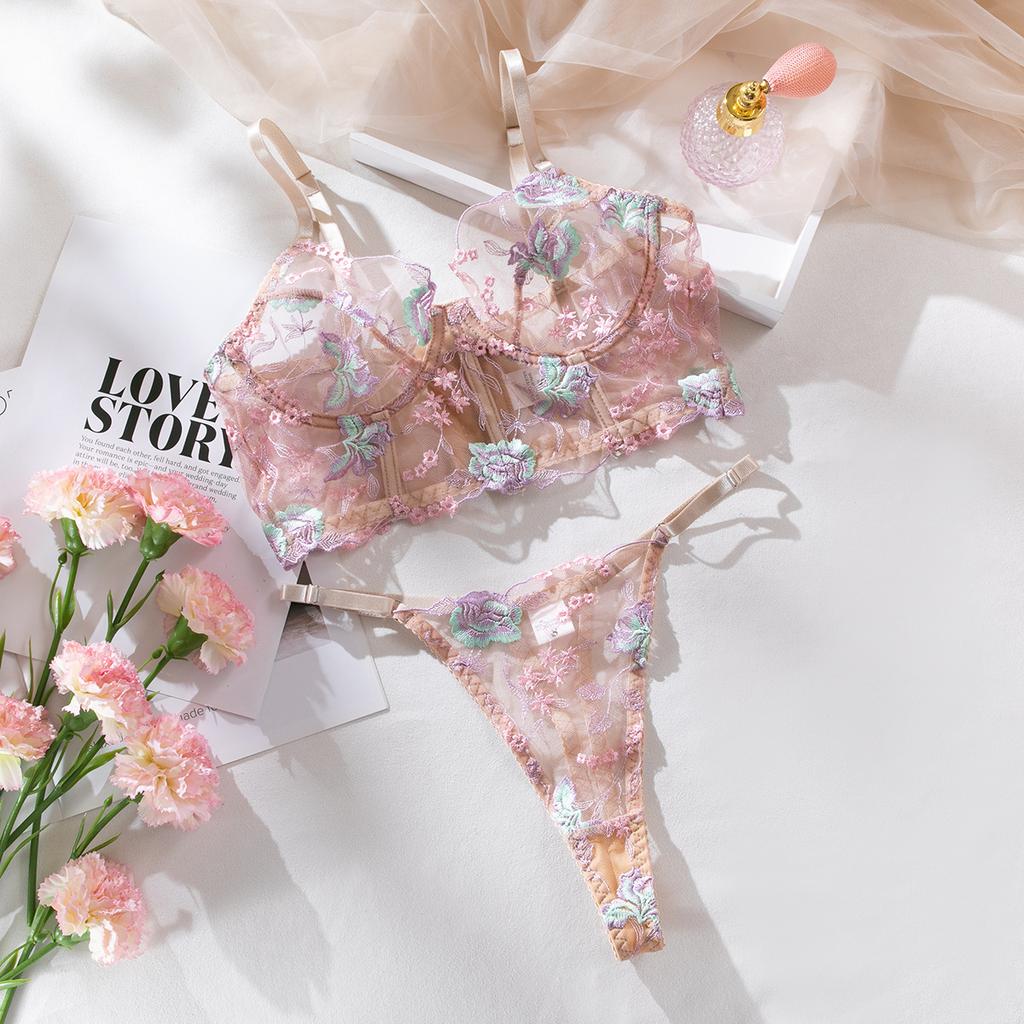 European and American Women Sexy Lingerie Set Embroidered Floral Underwear  Set Gathered Push Up Bra and Thongs Set Buy cheaply on Joom