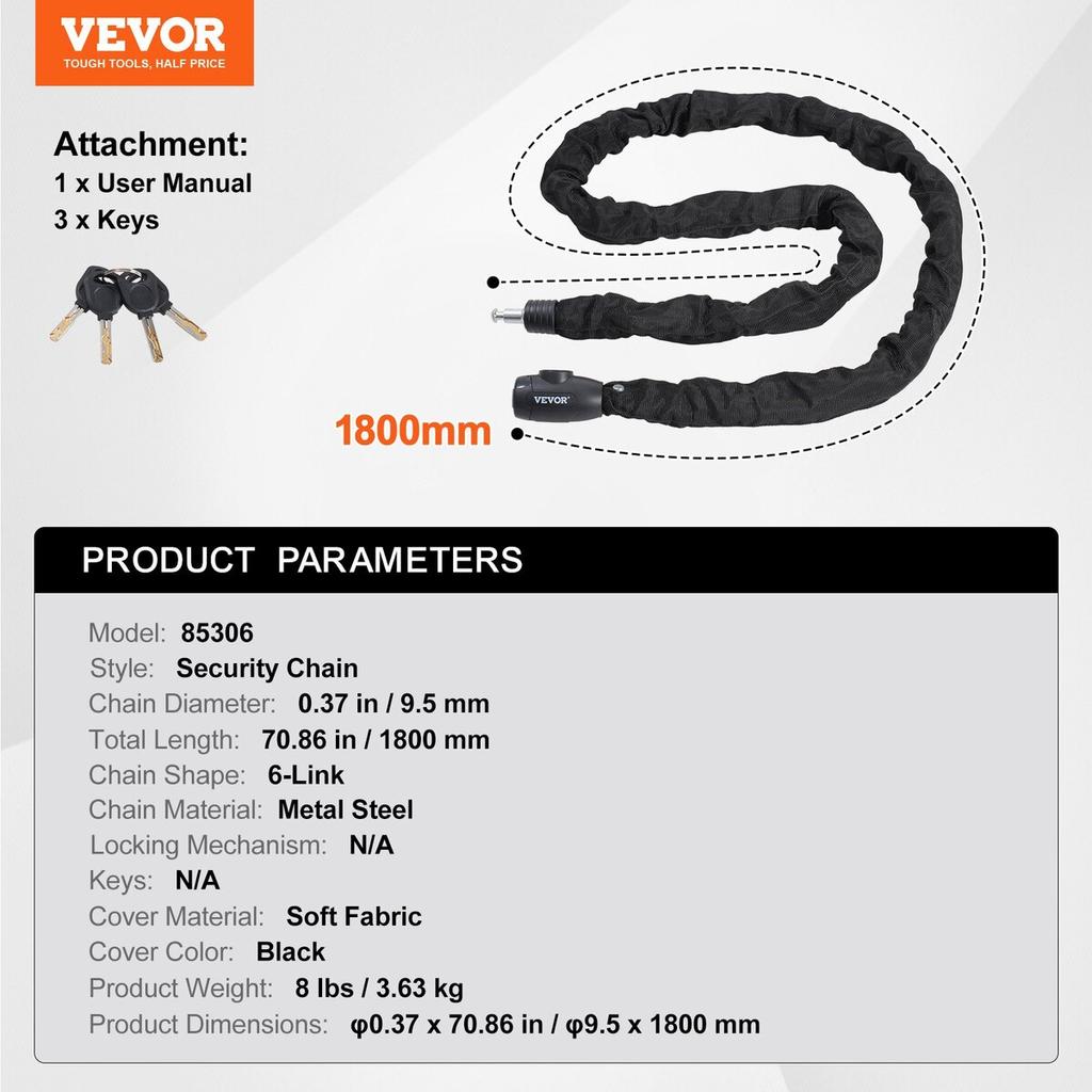 Bike Chain Lock 5.91 Ft Combination Bicycle Chain Lock with 4 Keys 10mm