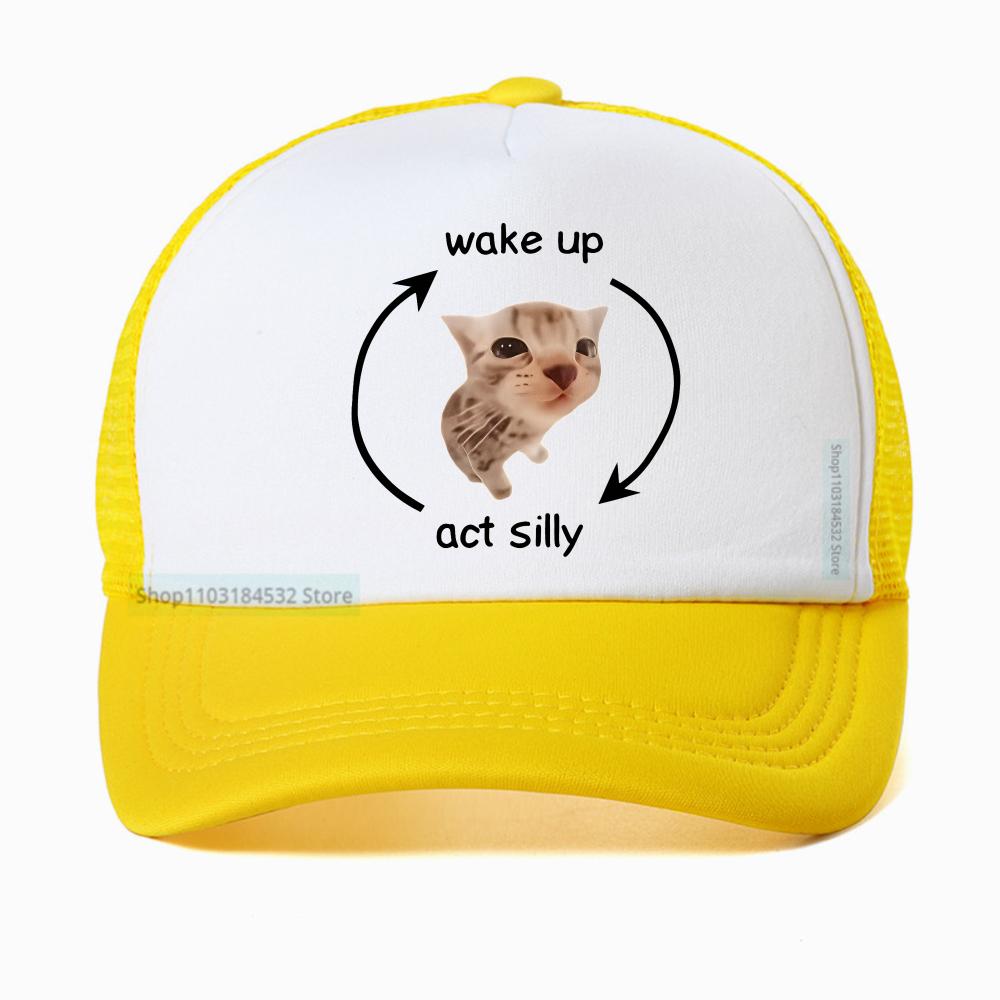 Funny Wake Up Act Silly Cat Print Graphic Baseball Cap Hip Hop Summer Mesh Breathable Trucker Hat Casual Fashion