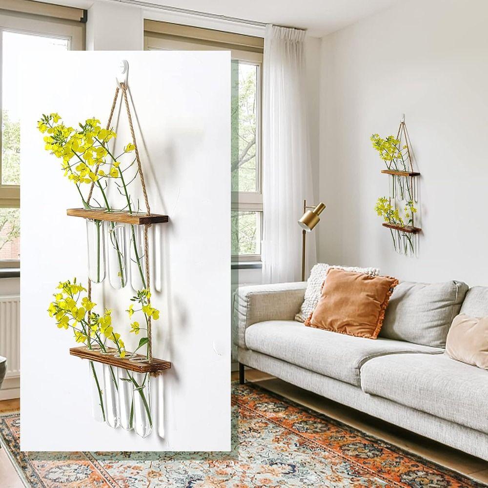 Retro Wood Frame Vase Wall Hanging Transparent Glass Vase Glass Planter Plant Vase  Office