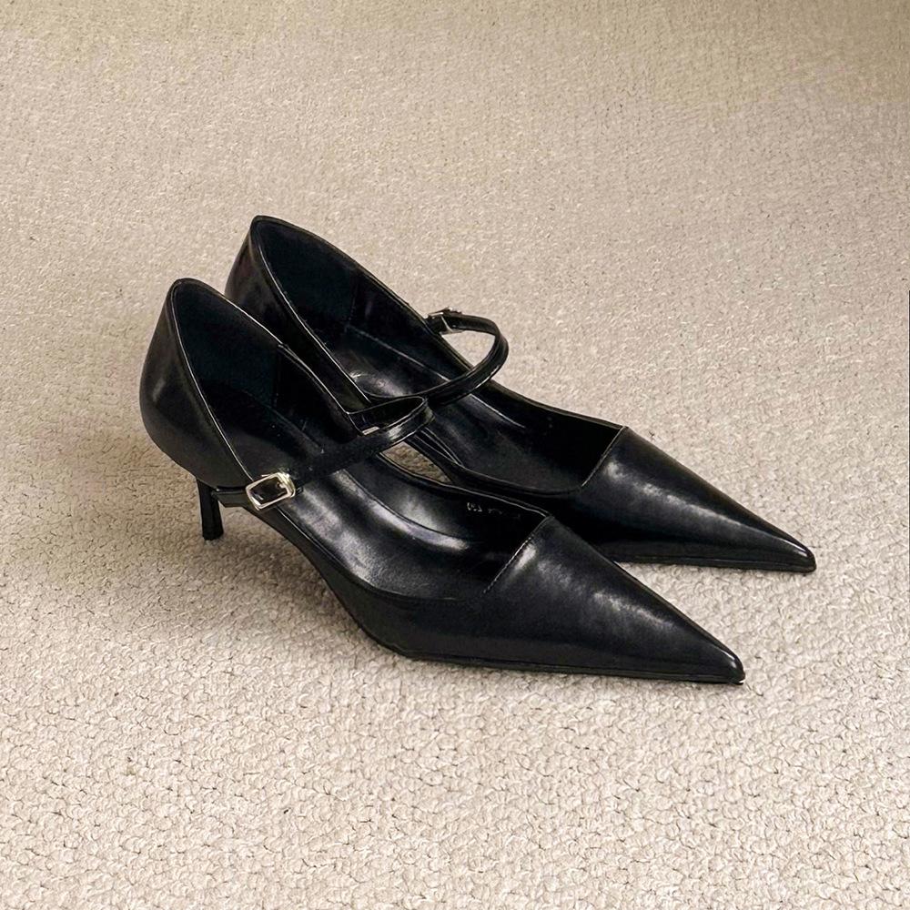 

2025 autumn new imperial sister style beautiful high heels pointed hollow one-word buckle strap thin heel shallow mouth single shoes women 35