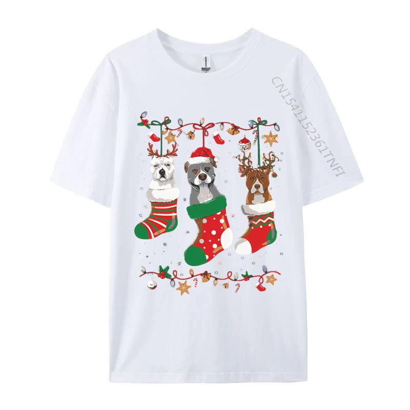 

Pitbull Dog In Christmas Sock Santa Happy Xmas Tshirt Premium Cotton Oversized Men Tee Shirts Luxury Clothing S