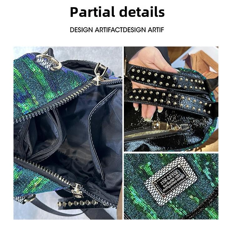 Western-Style Sequined Backpack: 2023 Fashionable High-End Genuine Leather Small Bag, Versatile & Trendy Ladies' Niche Backpack.