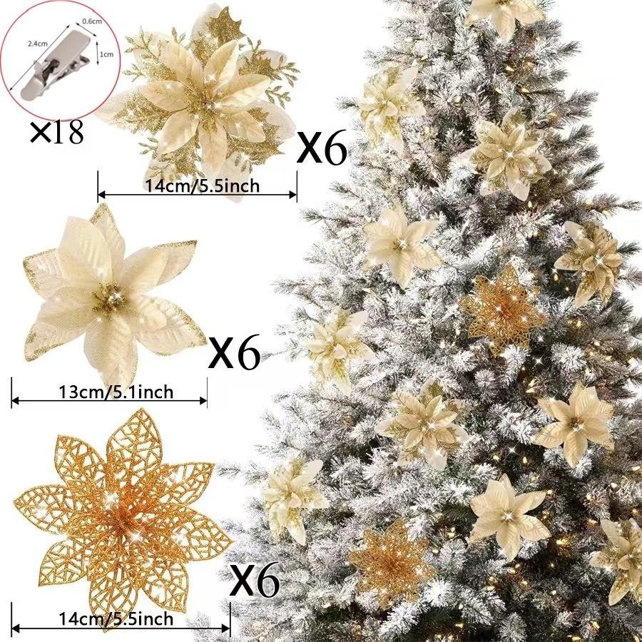 6-24 Stück 15cm Künstliche Weihnachtsblumen mit Clips Stielen, Weihnachtsbaumschmuck Glitzerblume für Girlande Neujahrsparty Dekoration