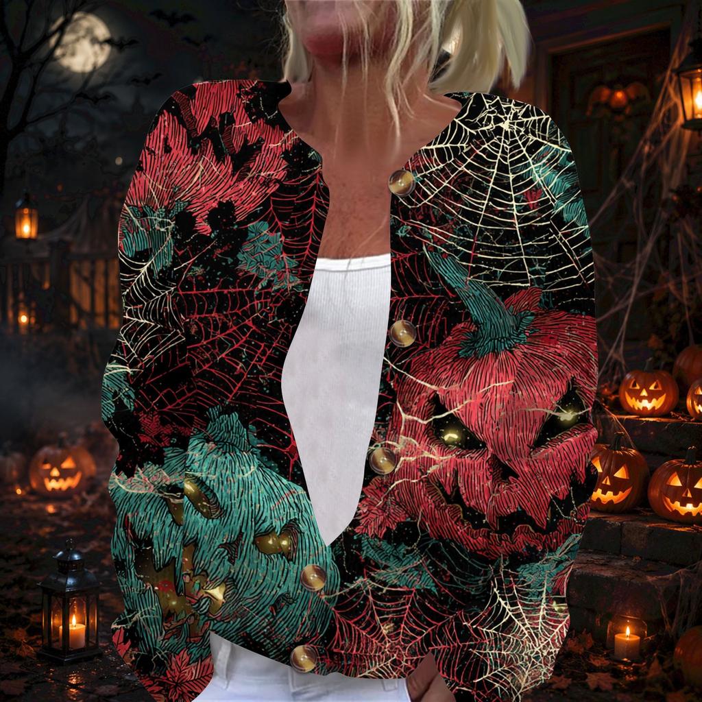 Damen Strickjacke mit langen Ärmeln und Knopfleiste Halloween-Print Lässige Oberbekleidung für Herbst Winter