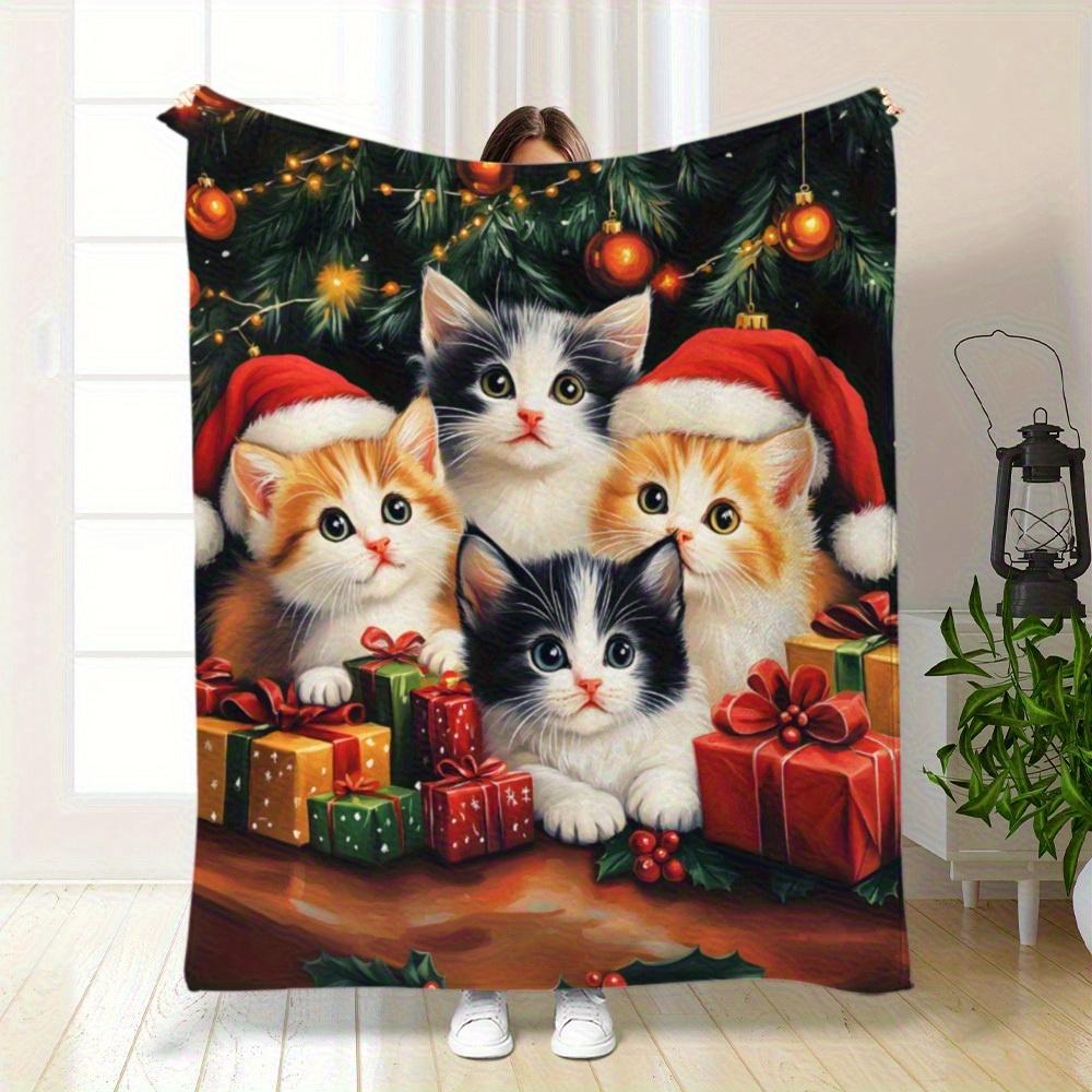 Christmas Kitten Flannel Throw Blanket, Cute Cats Santa Hat Gift Box Pine Branch Print Soft Warm Blanket Sofa Bed Winter Xmas Holiday Pet Gift