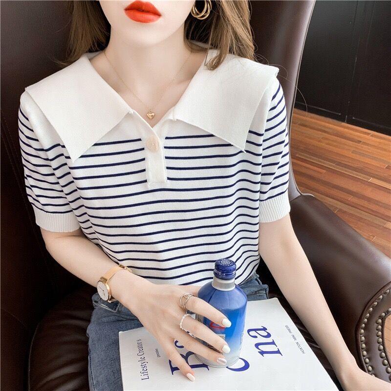 Women's Chic Striped Ice Silk Short-Sleeve T-Shirt with Navy Collar - Youthful Spring/Summer 2024 Collection