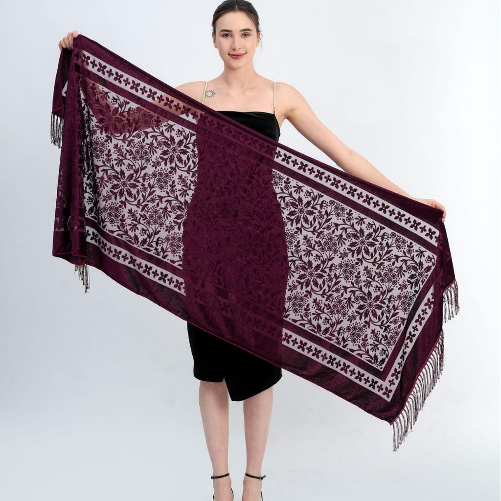 190*70cm Women's Velvet Vintage Floral Rose Shawl Wrap,Sheer Mesh Lace Scarf with Tassels, Evening Shawl for Party