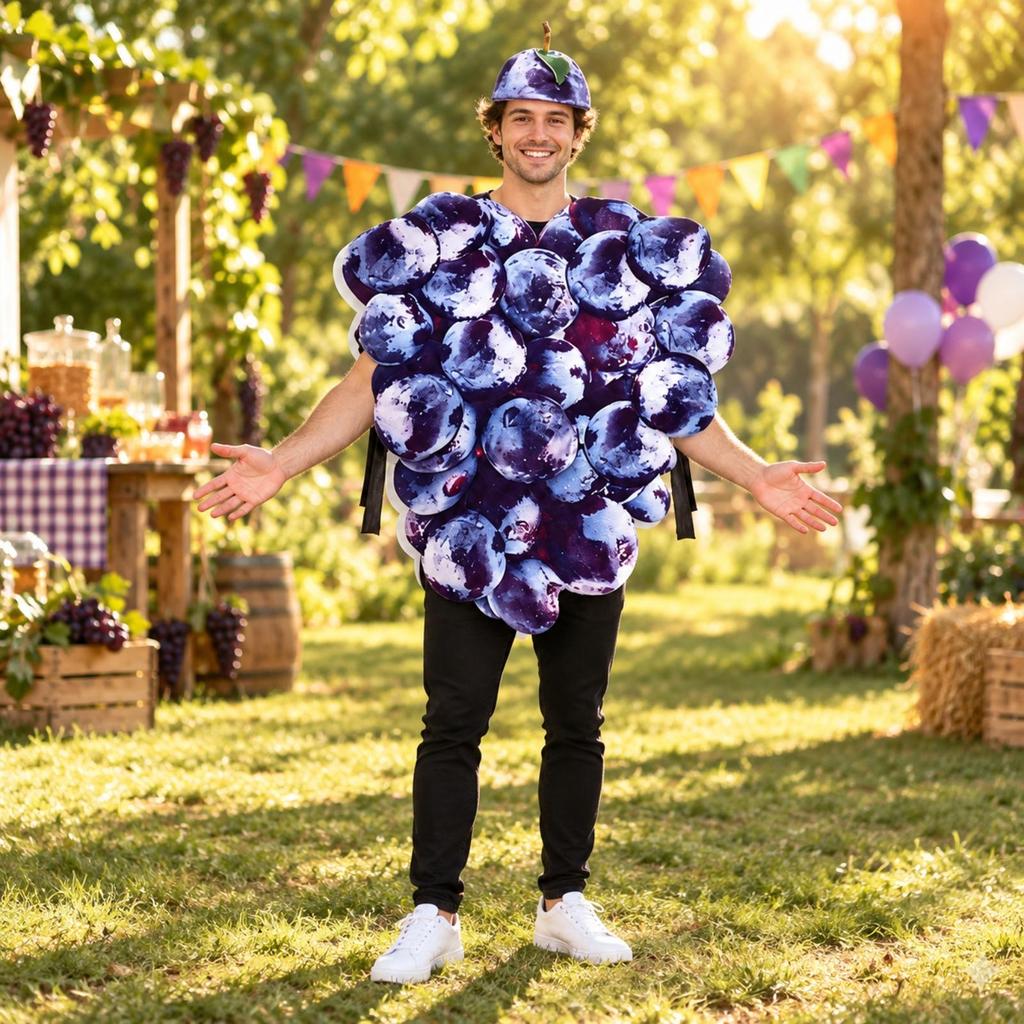 Grape Costume with Cap Loose Fit Purple Adjustable for Processions