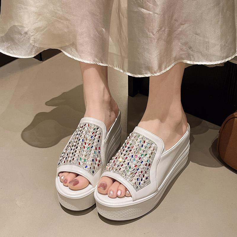 Fashion 2025 Summer New Women's Open Toe Increase Height Slippers Crystal Pearl Embellished Outdoor Platform Casual Plus Size Sandals