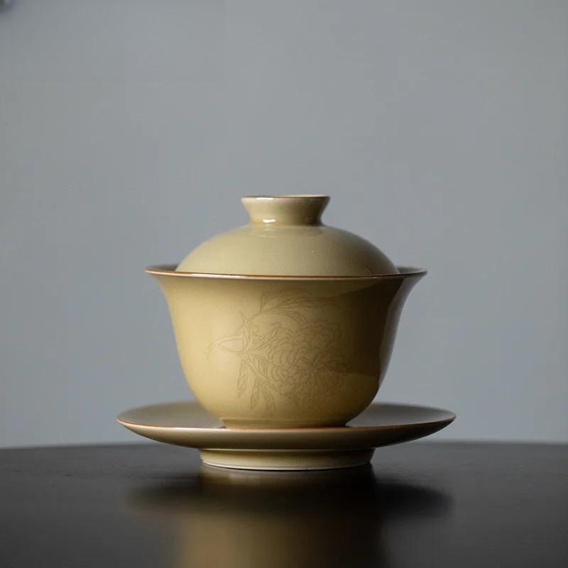 150ml Ding Kiln Yellow Folded Branch Handmade Relief Gaiwan Handmade Tea Tureen Bowl With Lid Kit Maker Cover Bowl Tea