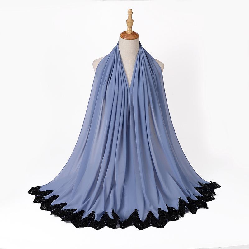 New Pearl Chiffon Malaysia Fashion Black Lace Scarves Muslim Shawl Plain Soft Turban Head Wraps Headband