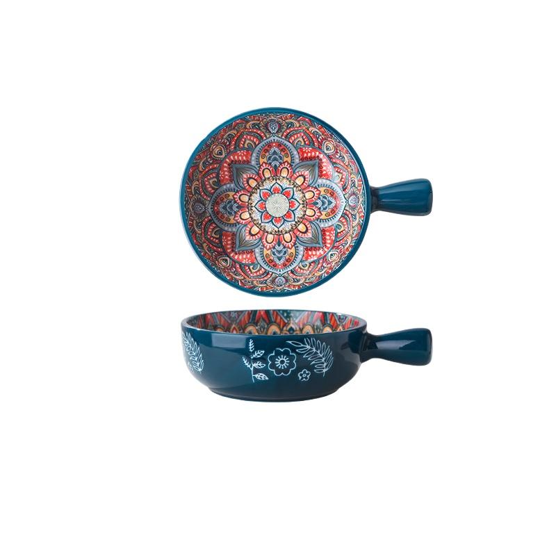 Hand-painted Relief Pattern Salad Bowl with Handle, Pasta Bowl, Kitchen Baking Utensils, Suitable for Use In Ovens and Microwave