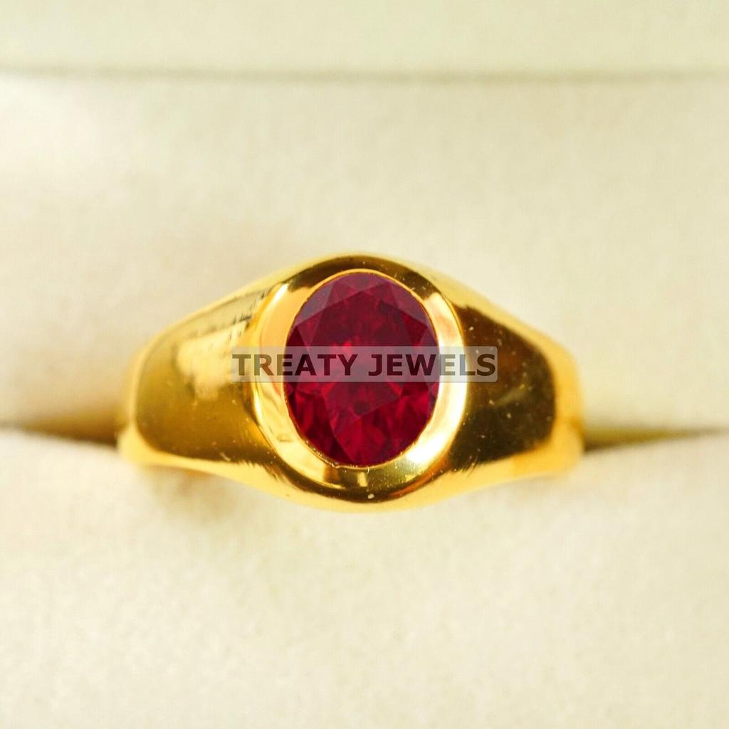 Ruby Oval Cut With 925 Sterling Silver Gold Plated Ring For Men's #B536 JL375684156616