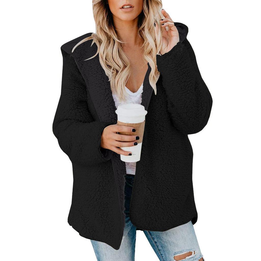 Womens Plush Jacket Oversized Jacket Coat With Pockets Open Front Hooded Fuzzy Cardigan